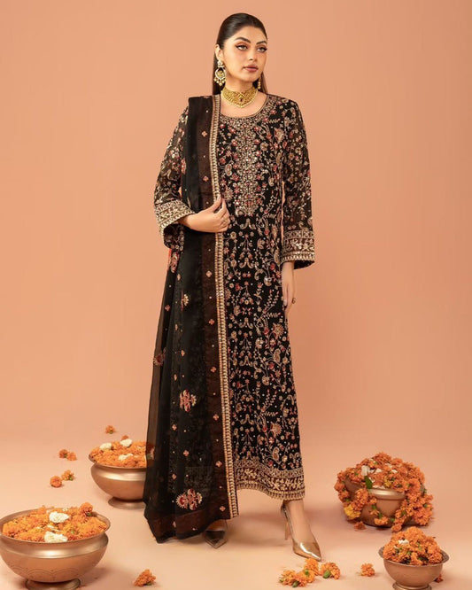 Elegant Faux Georgette Outfit with Real Diamond Work – Long Top, Pant & Dupatta Set