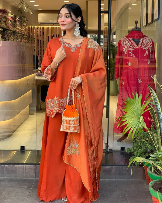 Elegant Orange Heavy Faux Georgette Embroidered Palazzo Suit – Fully Stitched