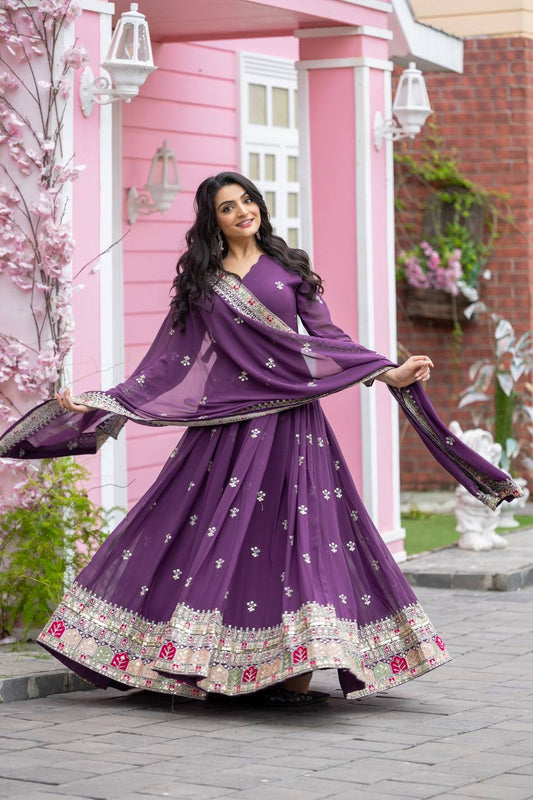 Light Purple Faux Georgette Embroidered Gown with Heavy Sequence Work and Dupatta | Fully Stitched Designer Ethnic Wear