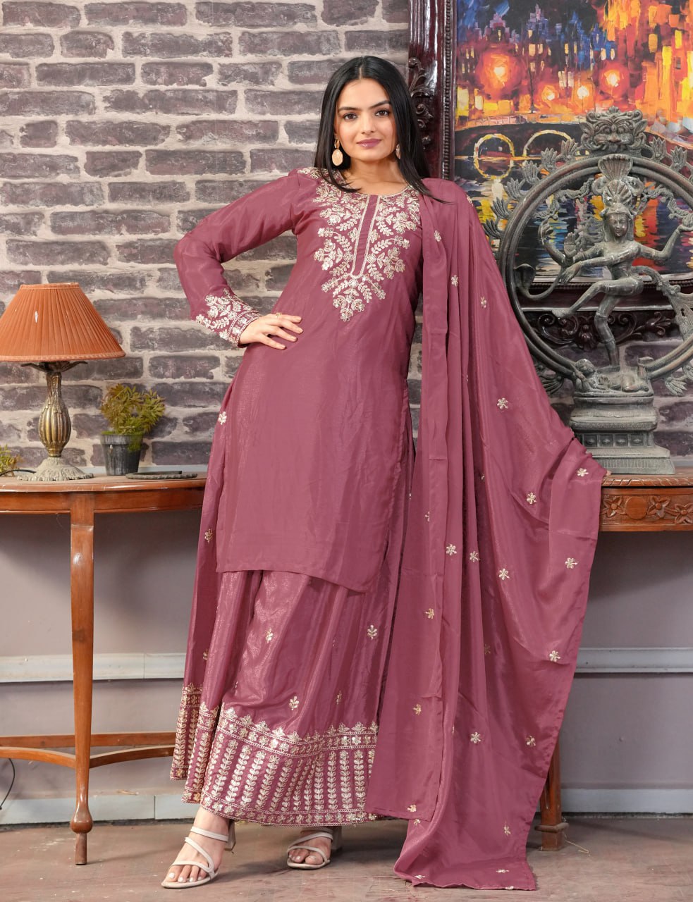 Mauve Chinon Sharara Suit with Embroidery Sequence Work | Fully Stitched Elegant Ethnic Wear