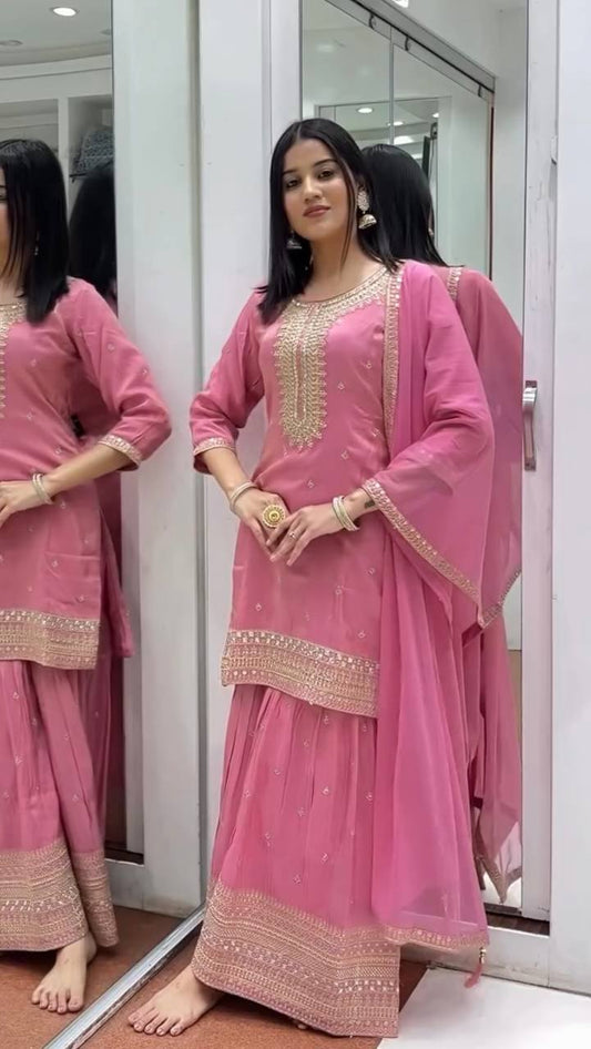 Elegant Pink Chinon Silk Sharara Set | Festive & Wedding Wear