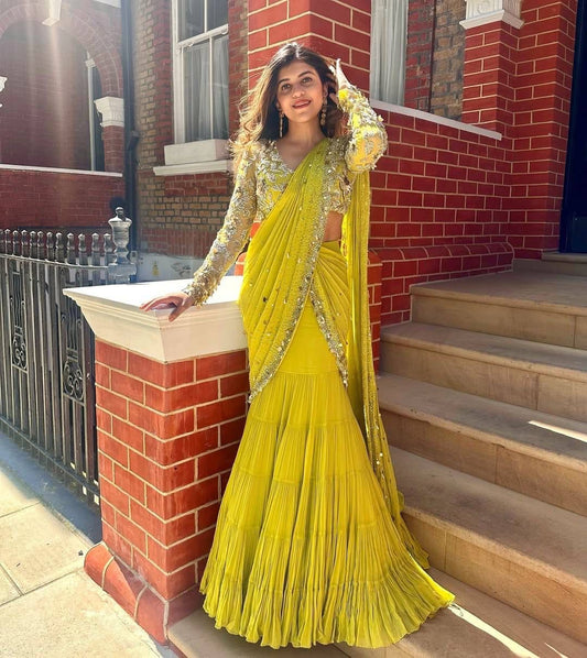 Lime Green Faux Georgette Lehenga Saree Set | Elegant Party & Festive Wear