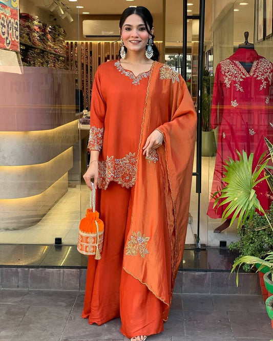 Embroidered Faux Georgette Orange Co-Ord Set with Plazzo and Dupatta – Ready-to-Wear Indian Ethnic Outfit for Women