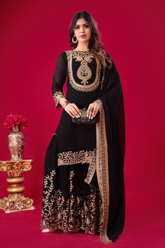 Blooming Faux Georgette Embroidered Black Co-Ord Set with Plazzo and Dupatta – Ready-to-Wear Ethnic Outfit for Women