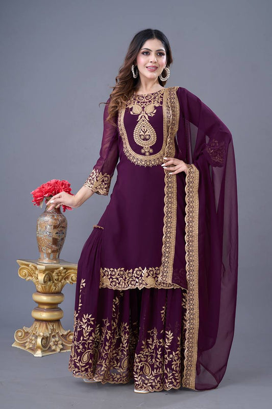 Blooming Faux Georgette Embroidered Purple Co-Ord Set with Plazzo and Dupatta – Ready-to-Wear Ethnic Outfit for Women