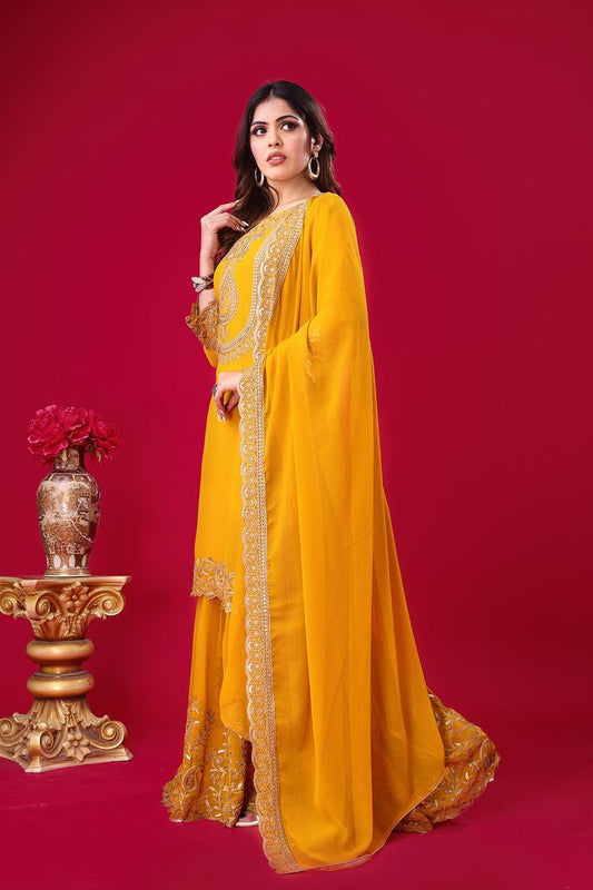 Blooming Faux Georgette Embroidered Yellow Co-Ord Set with Plazzo and Dupatta – Ready-to-Wear Ethnic Outfit for Women