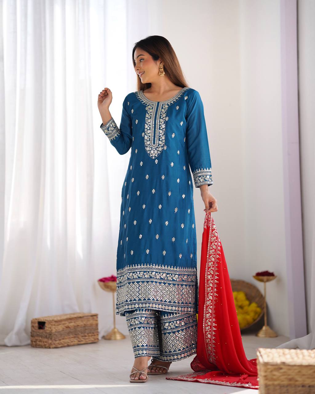 Chinnon Silk Heavy Embroidered Blue Suit Set with Dupatta – Fully Stitched Ready to Wear