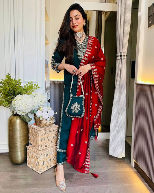 Chinnon Silk Embroidered Suit Set with Dupatta – Fully Stitched Ready to Wear