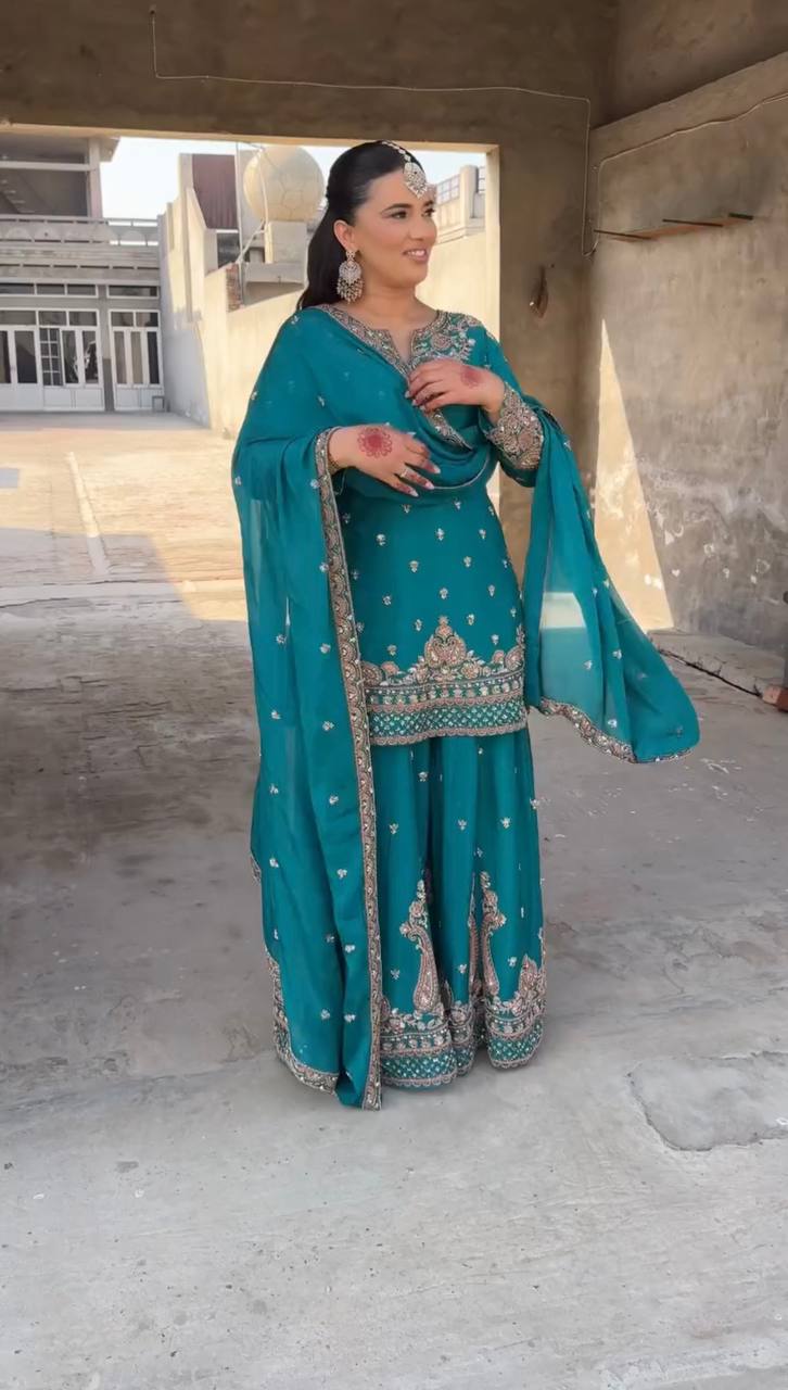 Heavy Chinnon Silk Embroidered Firozi Sharara Set with Dupatta – Fully Stitched Ethnic Wear for Women