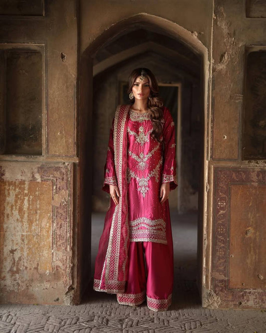 Heavy Chinnon Silk Embroidered Pink Sharara Suit with Dupatta – Fully Stitched Festive Wear for Women