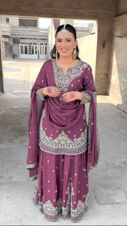 Heavy Chinnon Silk Embroidered Pink Sharara Set with Dupatta – Fully Stitched Ethnic Wear for Women