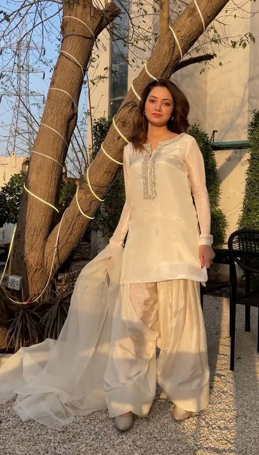 Faux Georgette Embroidered White Suit with Farshi Pant and Dupatta – Fully Stitched Handwork Ethnic Set