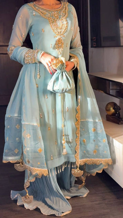 Heavy Faux Georgette Embroidered Suit Set with Plazzo and Dupatta – Fully Stitched Festive Wear for Women