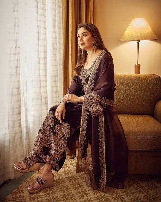 Heavy Chinon Silk Embroidered Suit Set with Dupatta – Fully Stitched Partywear Ethnic Outfit for Women