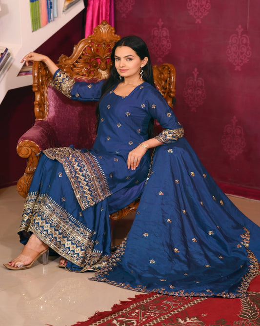 Chinon Embroidered Blue Sharara Suit Set with Dupatta – Fully Stitched Ethnic Wear for Women