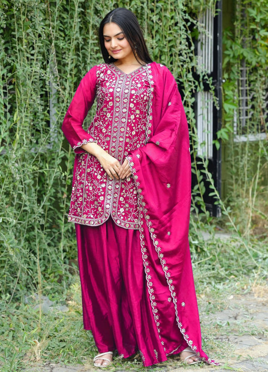 Chinon Sequence Embroidered Pink Sharara Suit Set for Women - Traditional & Party Wear