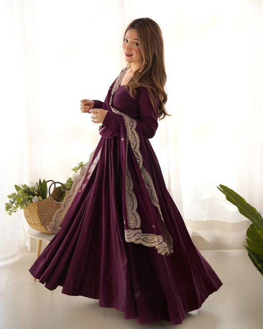 Elegant 16 Kali Romansilk Chanderi Wine Purple Anarkali Set with Embroidery Dupatta