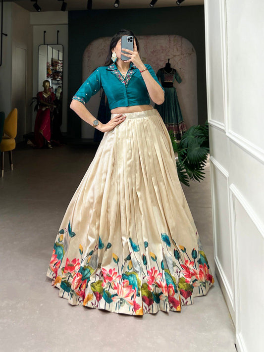 Elegant Tussar Silk Floral Print Lehenga with Handwork Mirror Blouse