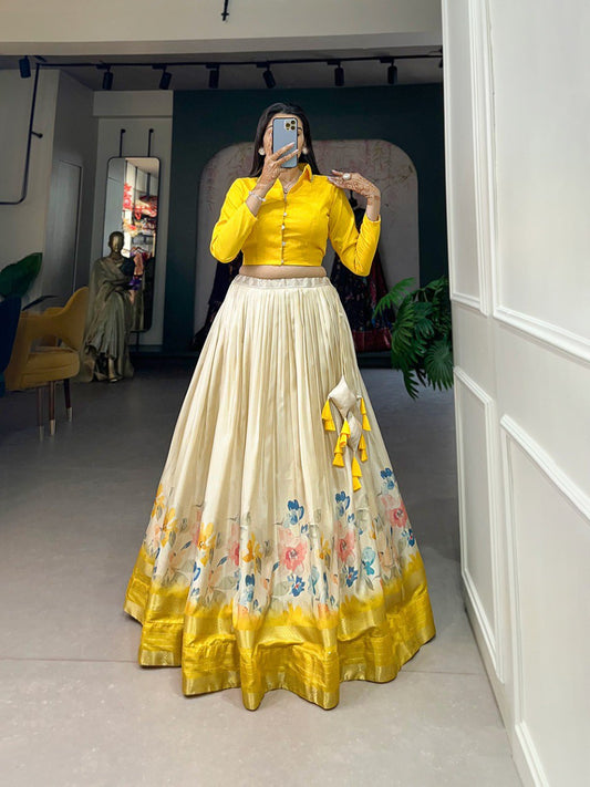 Yellow Color Floral Print With Sequins And Zari Border Dola Silk Co-ord Set Lehenga