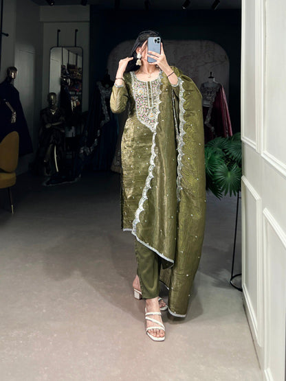 Elegant Gold Crush Fabric Embroidered Stitched Green Top Bottom Set with Dupatta