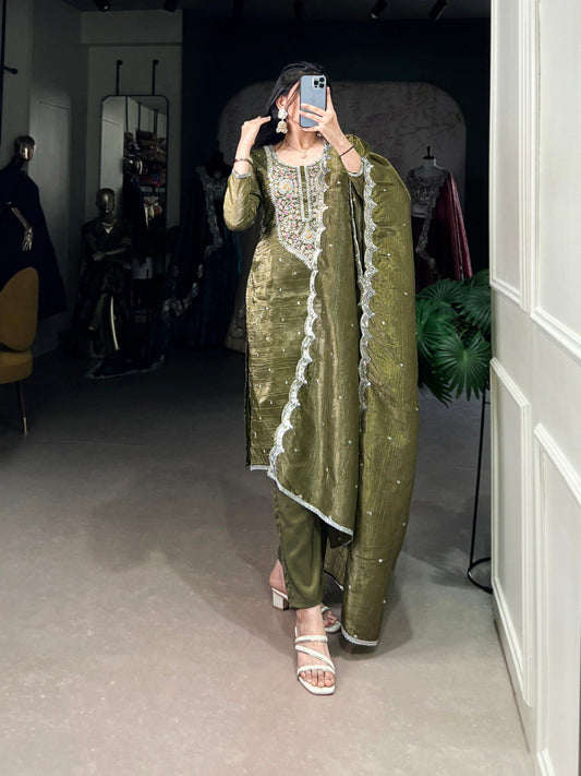 Elegant Gold Crush Fabric Embroidered Stitched Green Top Bottom Set with Dupatta