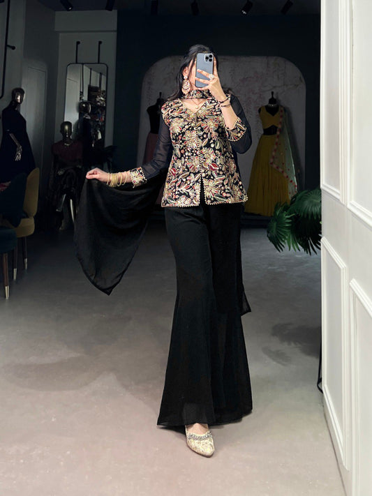 Stylish Georgette Embroidered Stitched Black Top Bottom Set with Dupatta