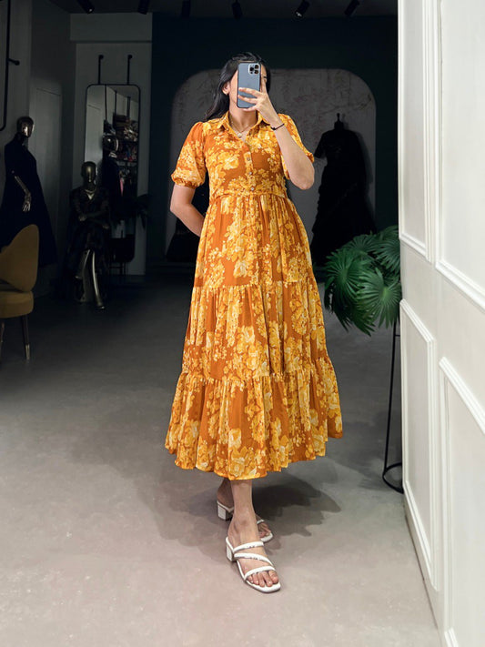 Elegant Floral Print Georgette Mustard Yellow Frock for Women