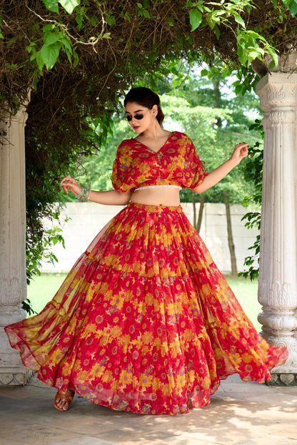 Elegant Floral Print Chiffon Red Lehenga Set for Women