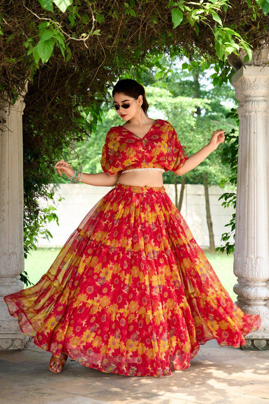Elegant Floral Print Chiffon Red Lehenga Set for Women
