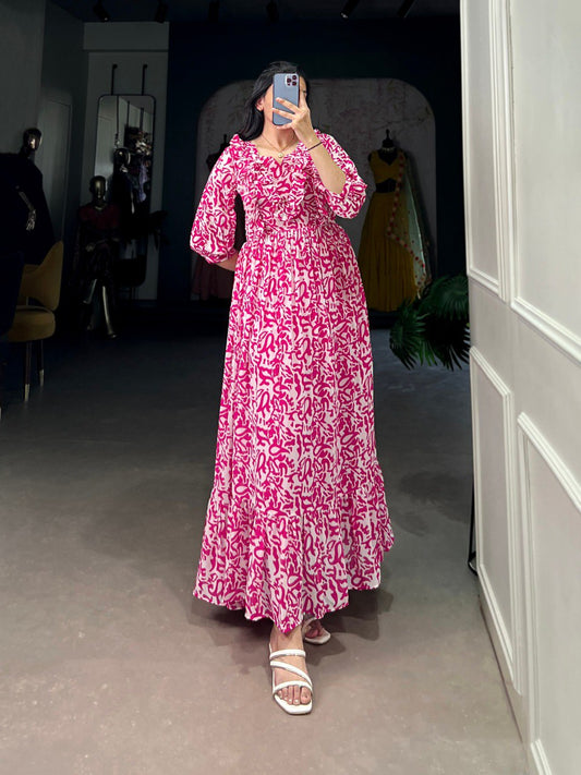Elegant Georgette Printed Pink Frock with Full Flair and Lining