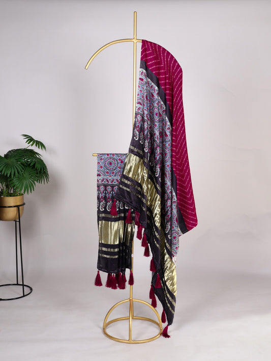 Pure Gaji Silk Digital Print Dark Pink Dupatta with Tassels
