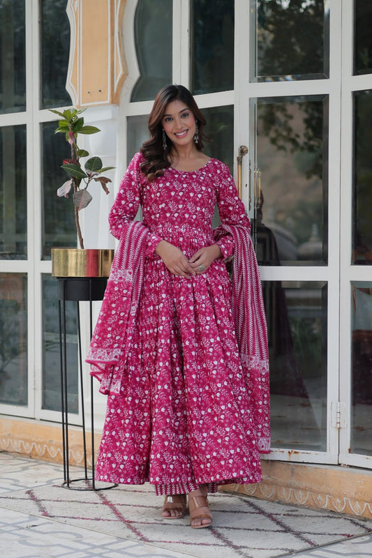 Pure Rani Pink Cotton Long Kurta Set with Elastic Bottom and Dupatta