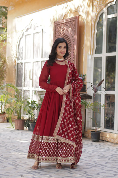 Faux Blooming Maroon Gown with Zari Sequins Embroidery and Designer Dupatta