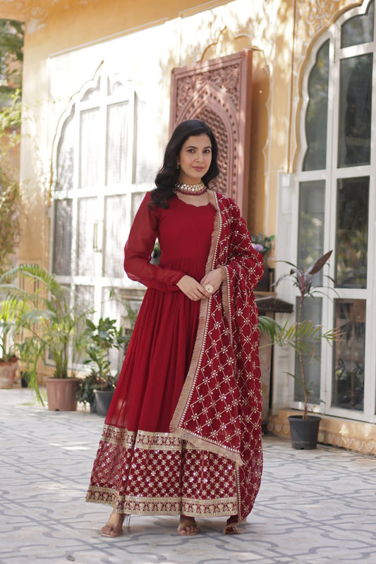 Faux Blooming Maroon Gown with Zari Sequins Embroidery and Designer Dupatta