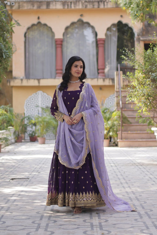 Luxury Faux Blooming Embroidered Zari Sequins Gown with Tabby Silk Cutwork Dupatta