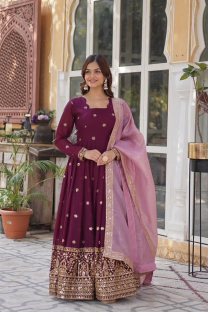 Elegant Star Georgette Purple Gown with Zari Sequins Embroidery and Gold Crush Dupatta