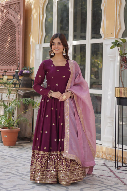 Elegant Star Georgette Purple Gown with Zari Sequins Embroidery and Gold Crush Dupatta