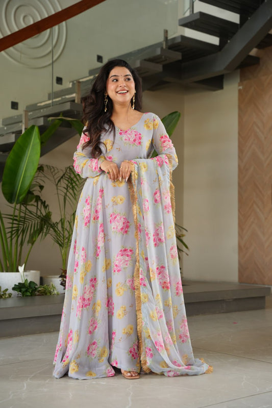Elegant Faux Georgette Floral Digital Print Gown with Dupatta Set