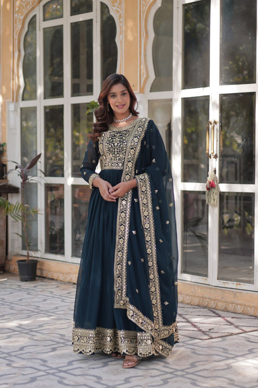 Premium Faux Blooming Bottle Green Gown Set with Zari Sequins Embroidery and Dupatta