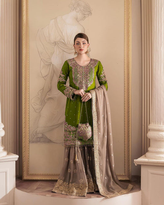 Designer Faux Georgette Green Suit Set with Sharara & Dupatta - Coding & Sequins Work, Pearl Embellishments, and Fancy Lace