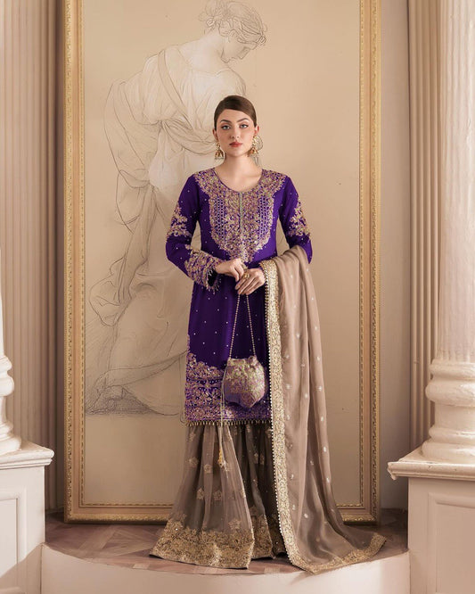 Designer Faux Georgette Purple Suit Set with Sharara & Dupatta - Coding & Sequins Work, Pearl Embellishments, and Fancy Lace