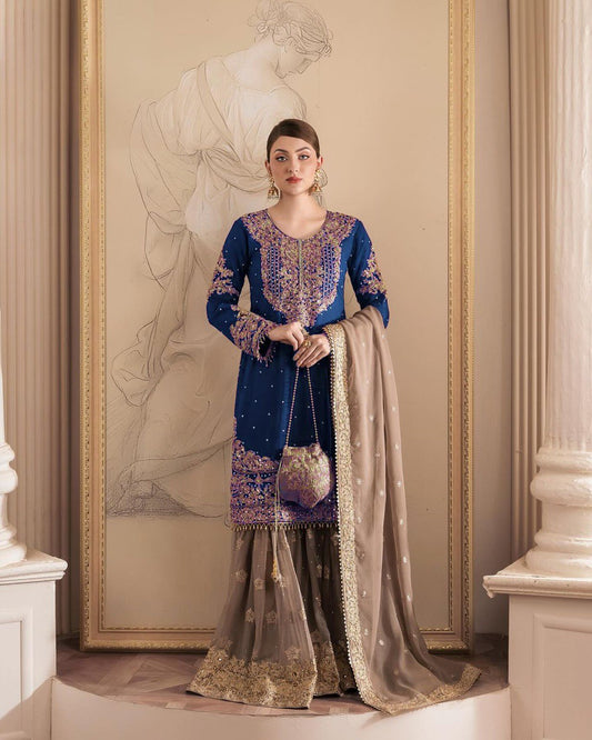 Designer Faux Georgette Bottle Green Suit Set with Sharara & Dupatta - Coding & Sequins Work, Pearl Embellishments, and Fancy Lace