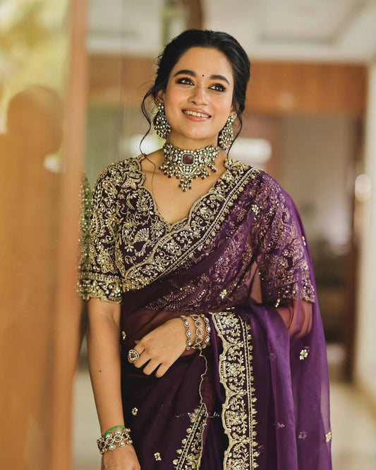 Luxury Heavy Organza Silk Saree with Thread and Sequins Embroidery and Matching Blouse – Elegant Party Wear Saree