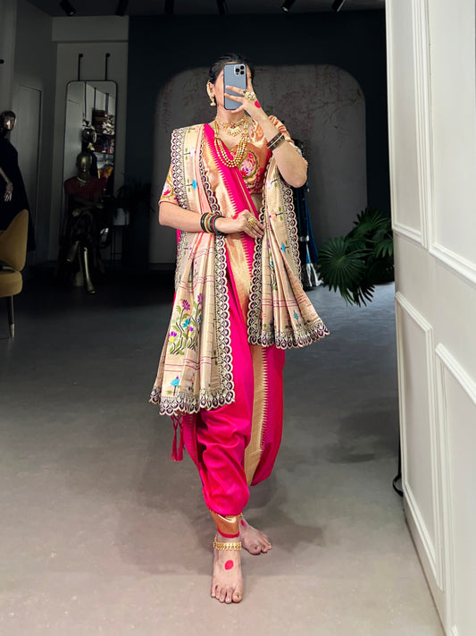 Premium Jacquard Silk Paithani Zari Weaving Pink Saree Set with Dupatta | Traditional Ethnic Wear