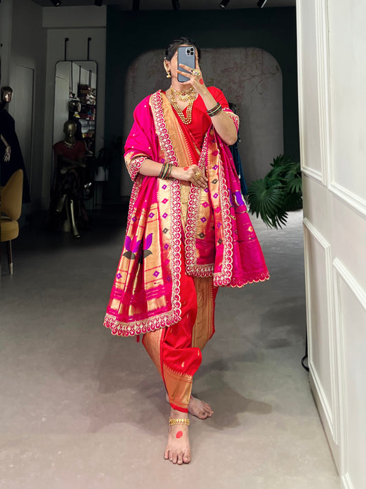 Premium Jacquard Silk Paithani Zari Weaving Red Saree Set with Dupatta | Traditional Ethnic Wear