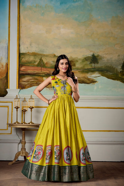 Elegant Dola Silk Kalamkari Print Yellow Gown with Zari Weaving Koti | Ethnic Wear for Women