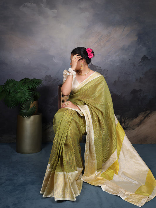 Jacquard Chex Green Saree with Zari Weaving and Unstitched Blouse