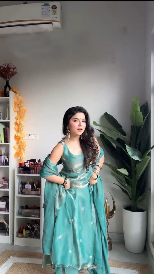 Fandy Silk Thread Work Gown with Sequins and Organza Dupatta
