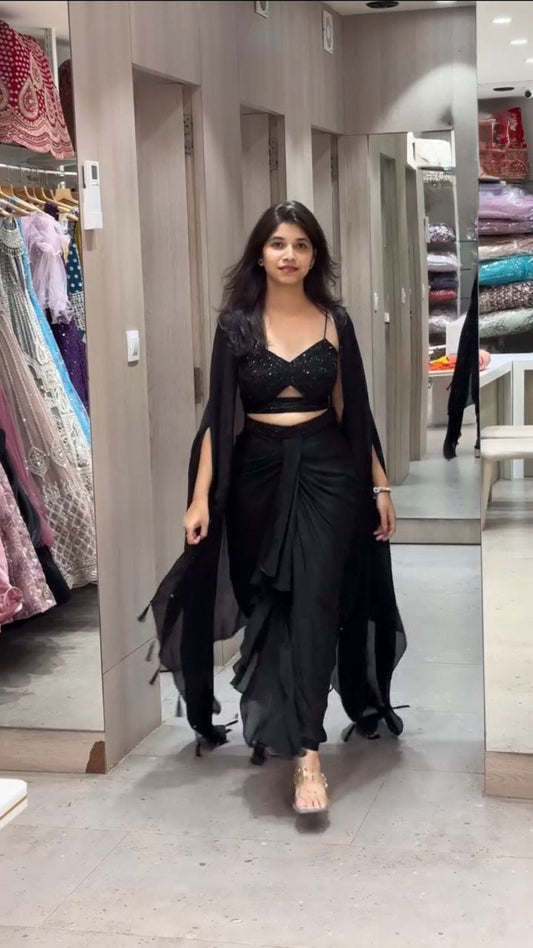 Black Satin Silk Thread Work Choli, Dhoti, and Shrug Set with Sequins