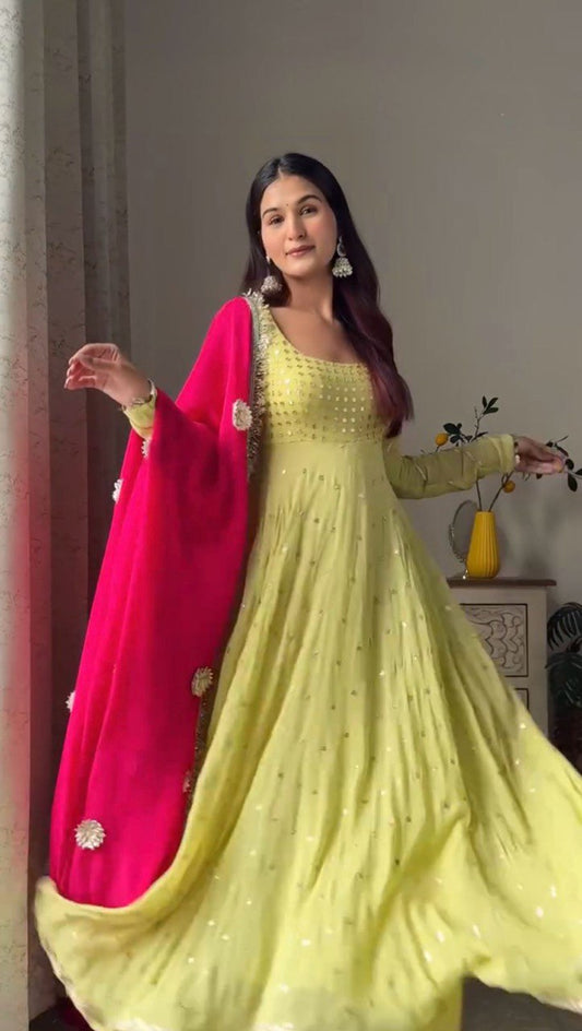 Foux Gorgette Thread Work Suit with 9mm Sequins and Lace Border Dupatta